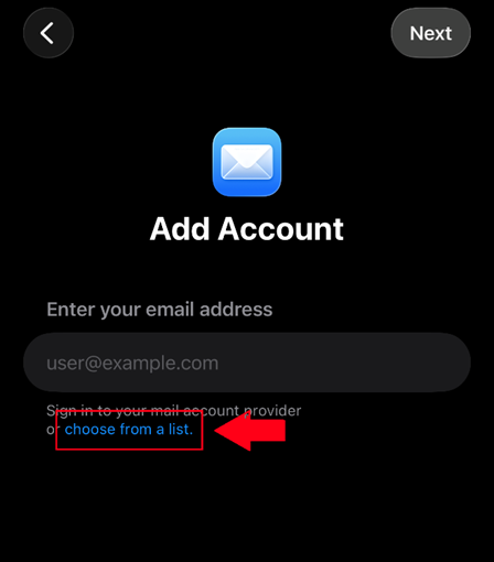 iPhone Add Account screen with the choose from a list link highlighted