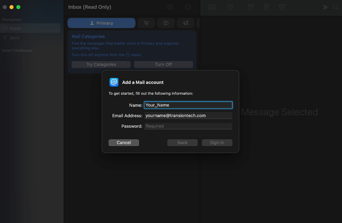 Add a Mail account dialog with Name, Email Address and Password fields