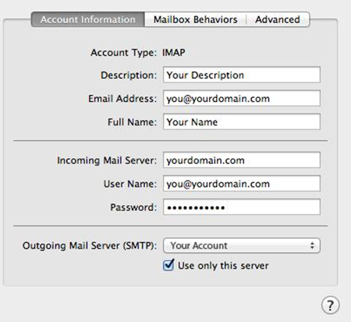 Account Information panel showing IMAP incoming and outgoing server settings