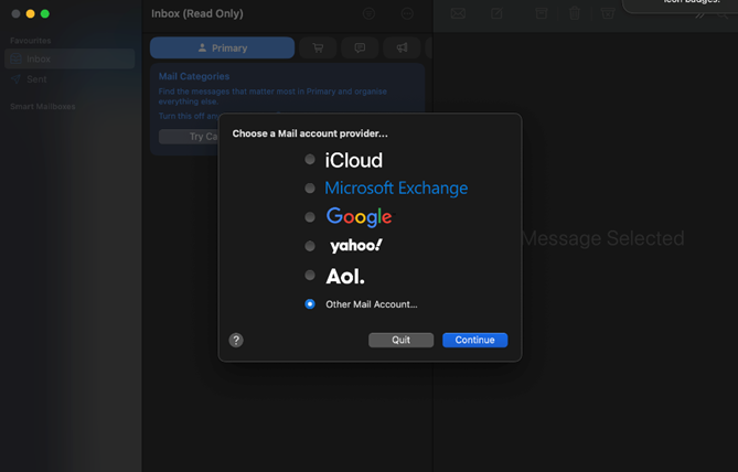 Choose a Mail account provider dialog with Other Mail Account selected