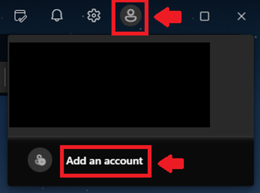 Outlook account menu with the account icon and Add an account option highlighted