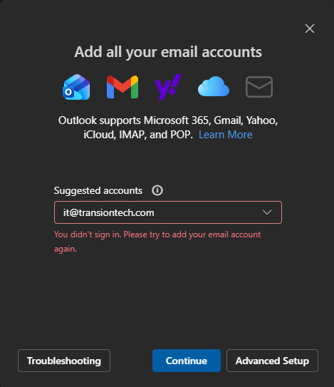 Add all your email accounts screen showing the sign-in error message and the Advanced Setup button