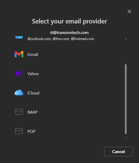 Select your email provider list with IMAP as one of the options