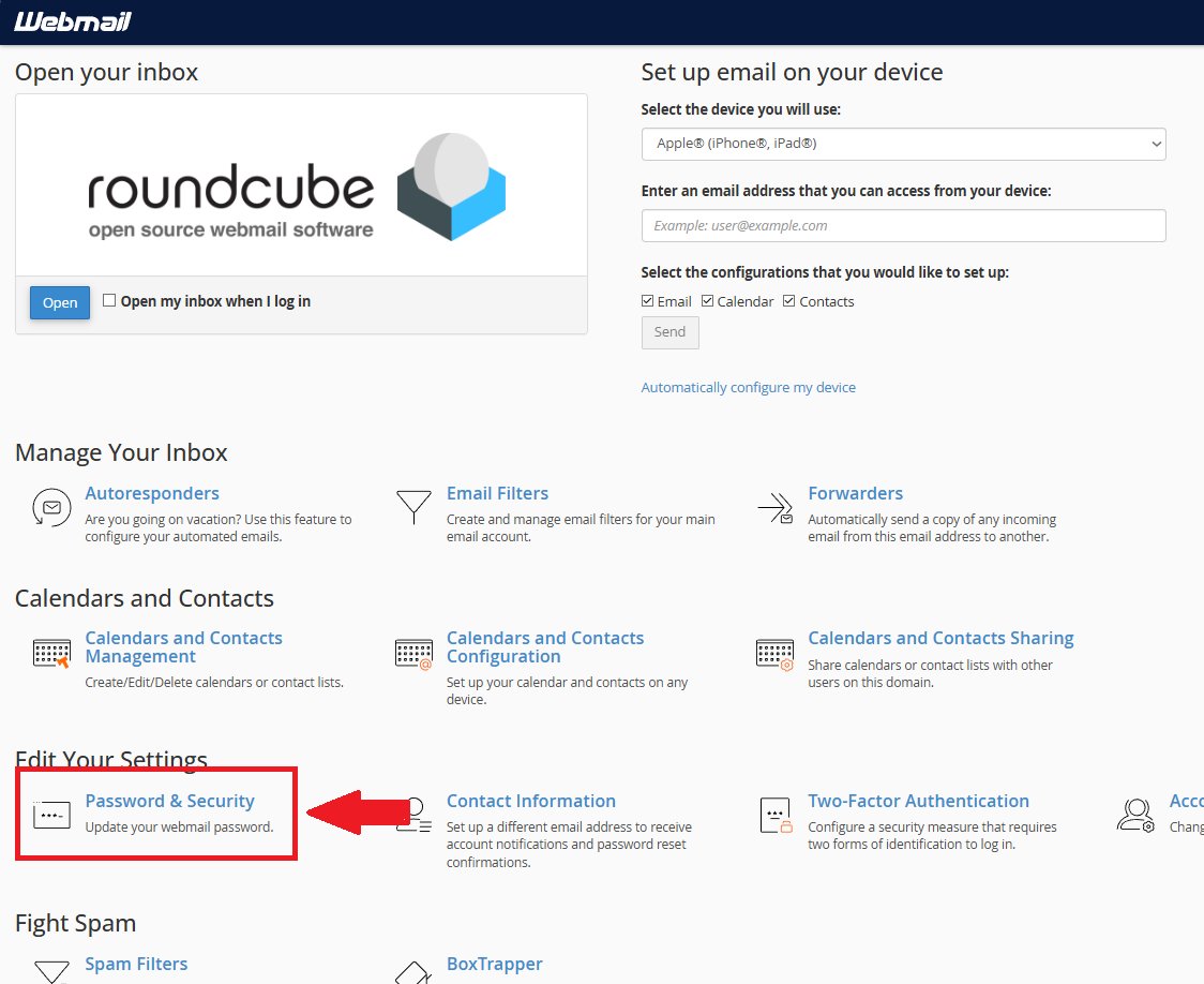 Webmail home page with Password and Security highlighted under Edit Your Settings